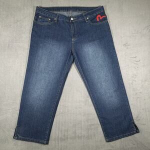 Y2K EVISU Women’s Capri Crop Jeans Blue Lucky Cat Bring Me Luck Size 13/14